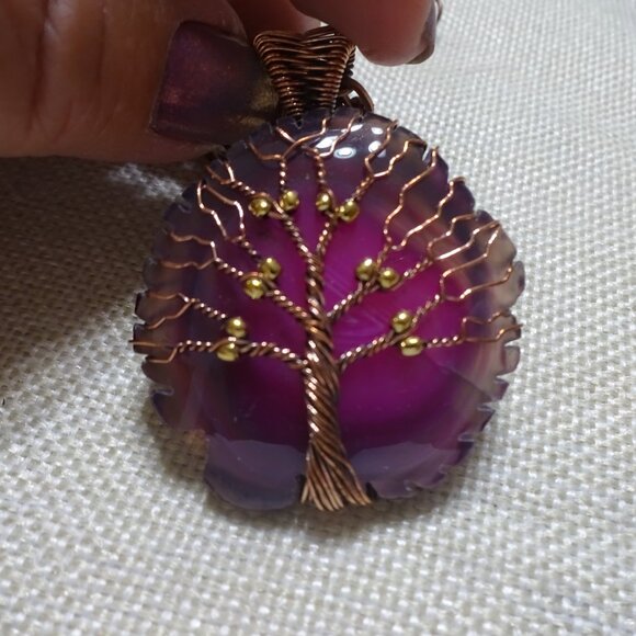 Rustic PINK SOLAR AGATE Handmade COPPER WIRE-WRAPPED TREE Pendant/Chain #216C - Picture 2 of 3